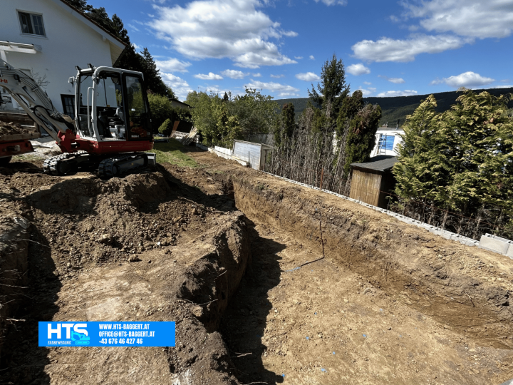 Übersicht des großflächigen Poolaushubs mit Minibagger und vorbereiteter Baugrube für einen Pool im Privatgarten.
