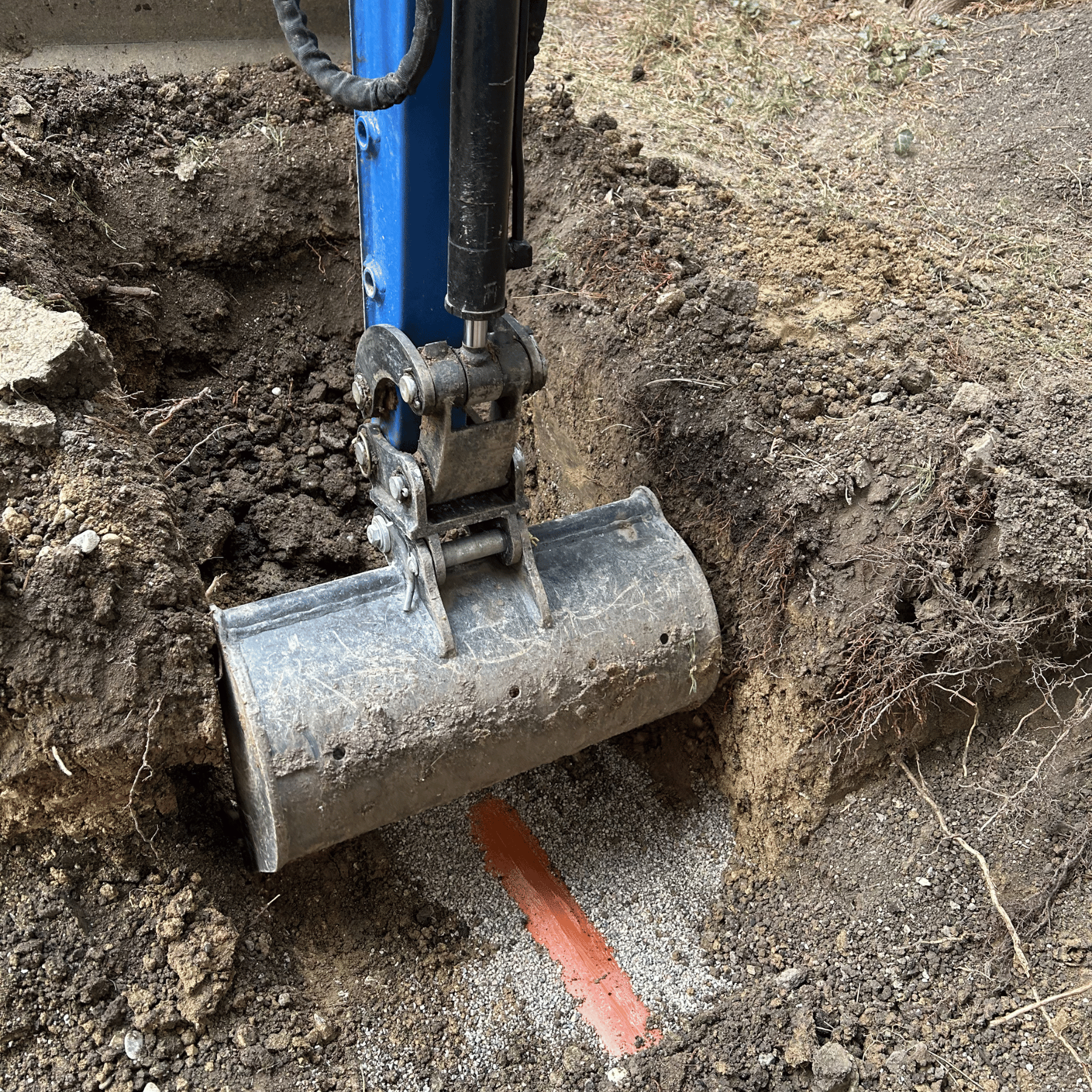 Minibagger von HTS Erdbewegung beim Ausheben einer Künette im Privatgarten. Präzise Baggerarbeiten für Leitungen, Drainagen und Erdbewegungsprojekte. Die Baggerschaufel arbeitet entlang eines markierten Leitungsverlaufs im Erdreich. Sichtbar sind Aushubarbeiten, Bodenabtrag, freigelegte Wurzeln und die Vorbereitung für Kabel-, Wasser- oder Entwässerungsleitungen. Erdbewegung, Baggerarbeiten, Künette, Leitungsgraben, Drainage, Aushub, Gartenarbeiten und Tiefbauarbeiten in Markt Piesting, Wiener Neustadt.